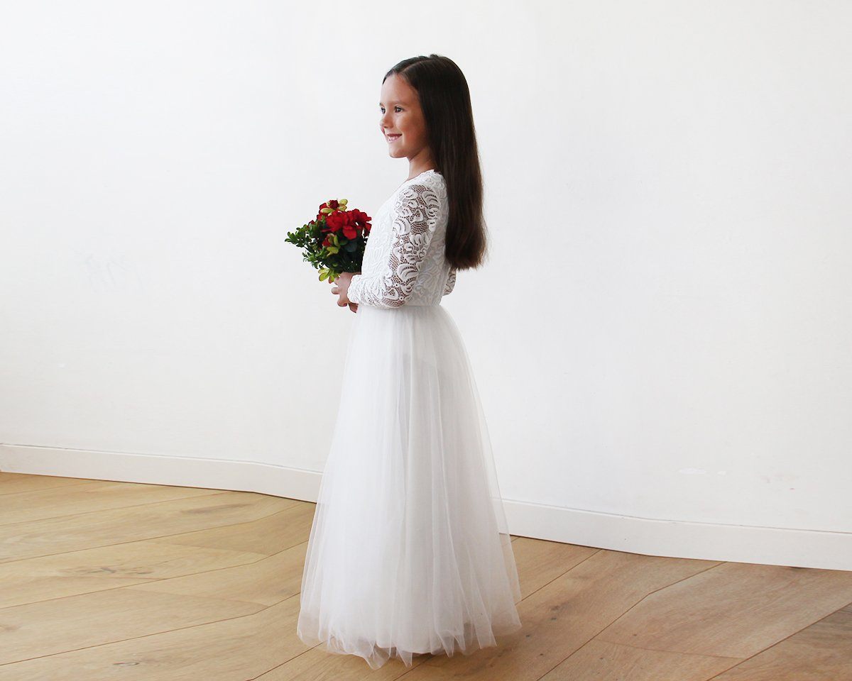 Tulle & Lace Long Sleeves Ivory Flower Girls Gown #5043