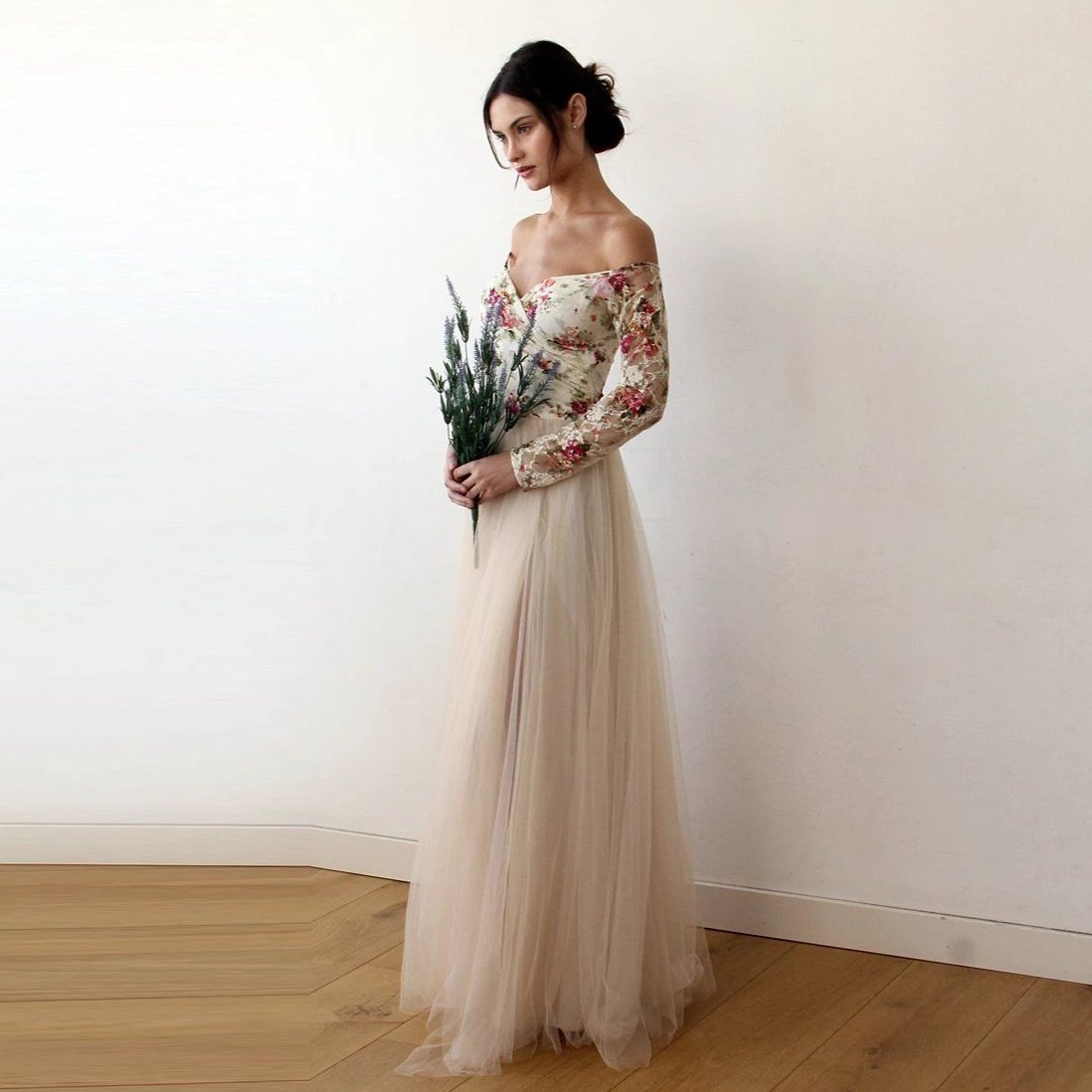 Elara Fleur Champagne Lace Gown