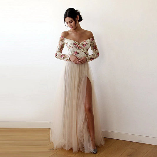 Elara Fleur Champagne Lace Gown