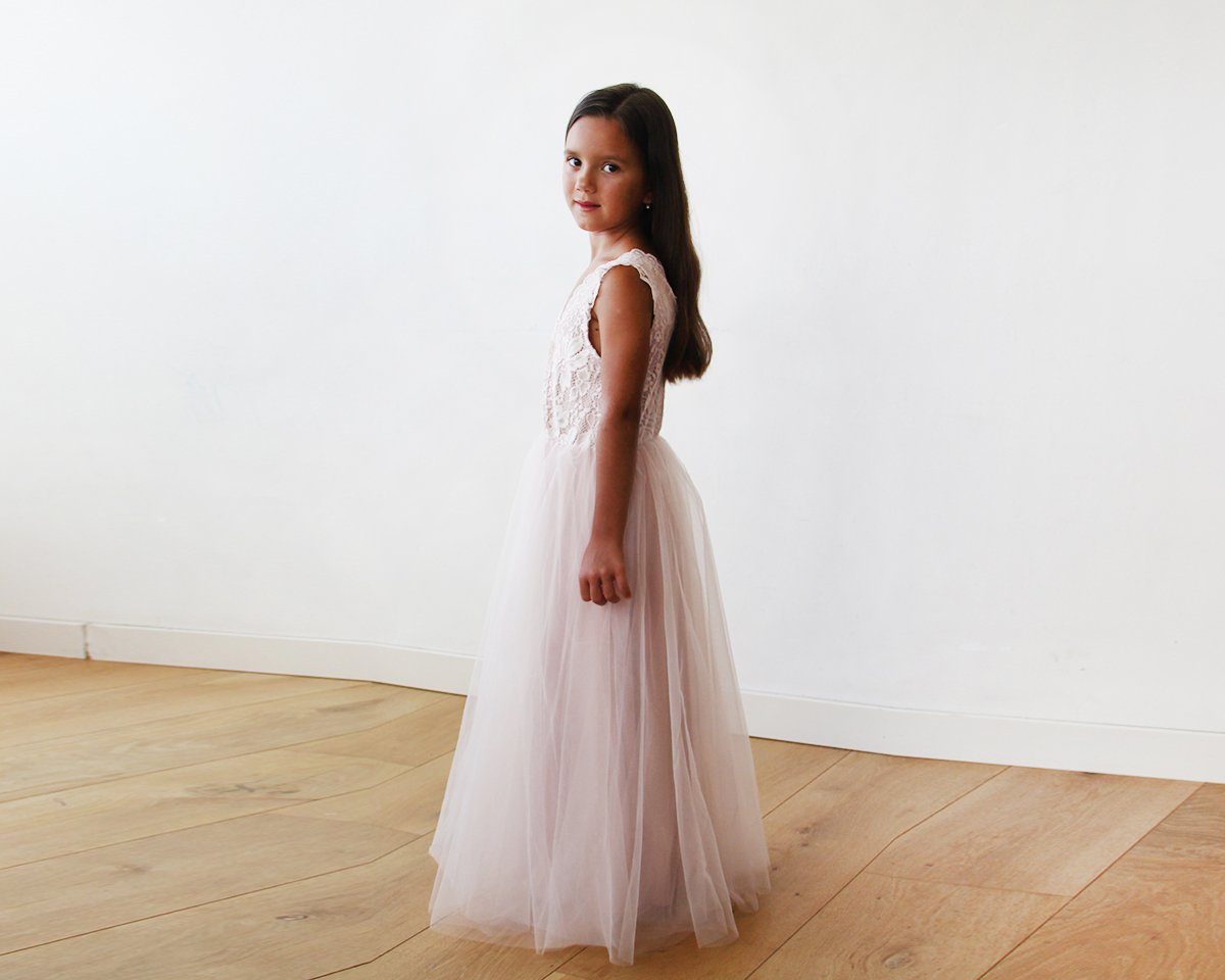 Tulle and Lace Sleeveless Pink Flower Girls Gown #5046