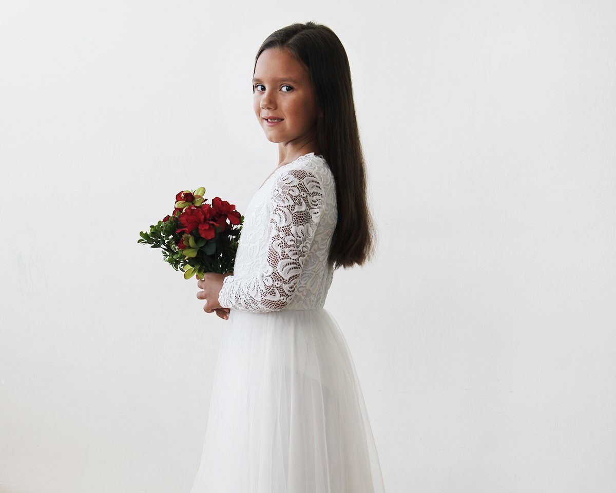 Tulle & Lace Long Sleeves Ivory Flower Girls Gown #5043