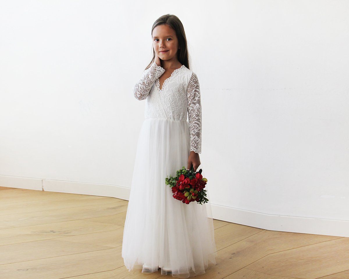 Tulle & Lace Long Sleeves Ivory Flower Girls Gown #5043