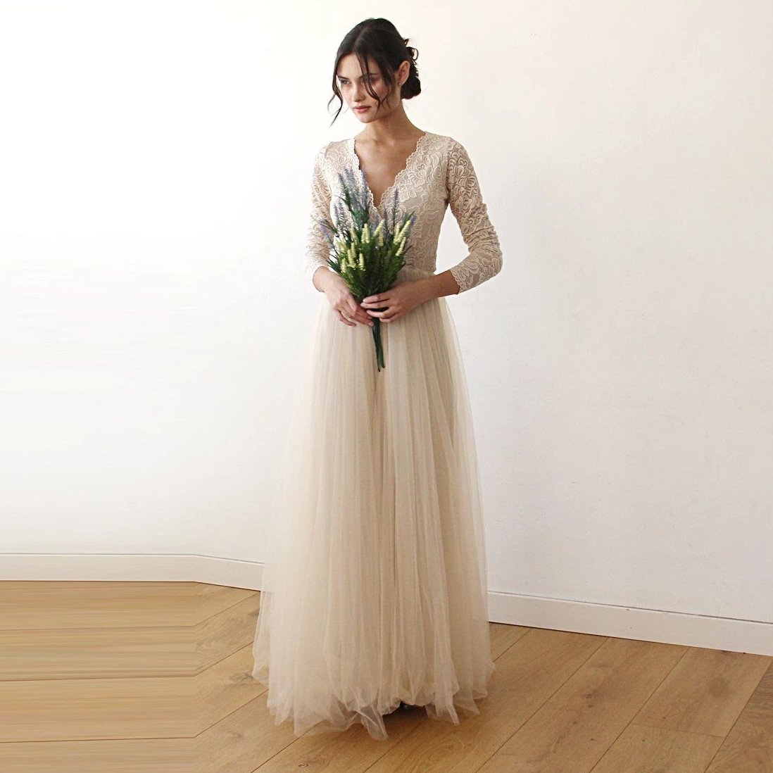 Gisella di Tulle Champagne Lace and Tulle Gown