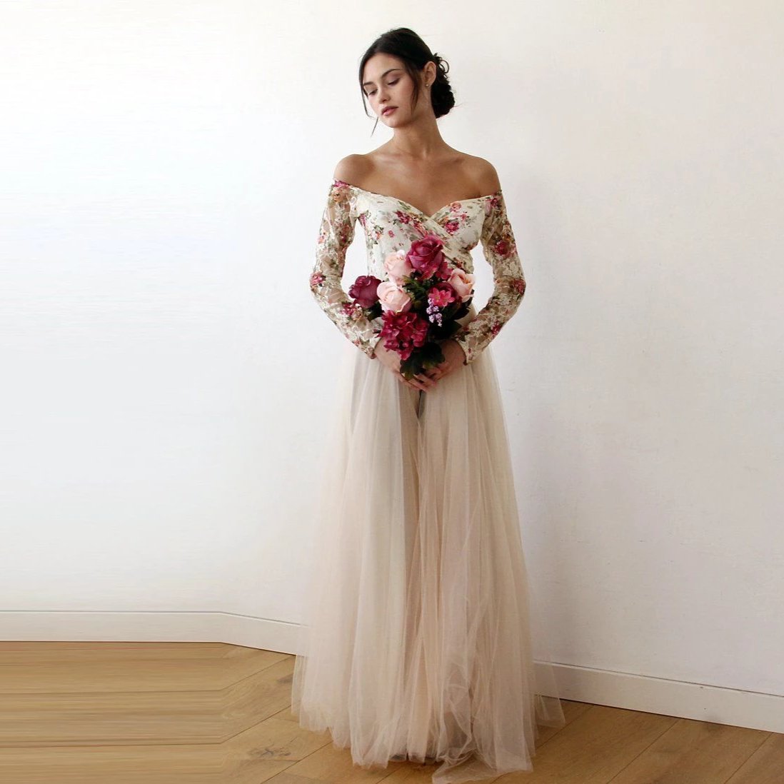 Elara Fleur Champagne Lace Gown