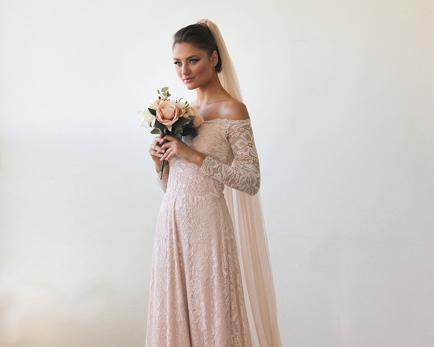 Rosalie Off-Shoulder Pink Lace Gown