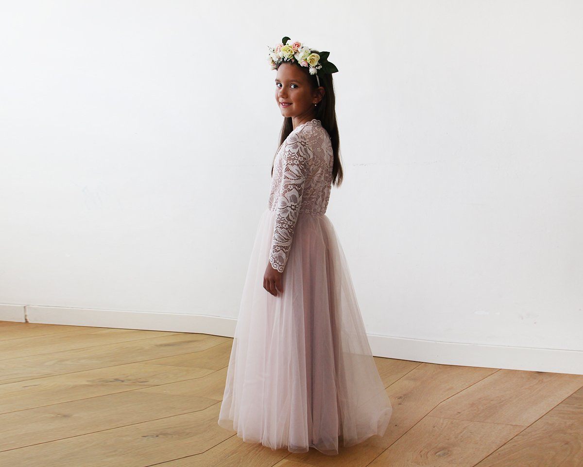 Tulle and Lace Long Sleeves Pink Flower Girls Gown #5043