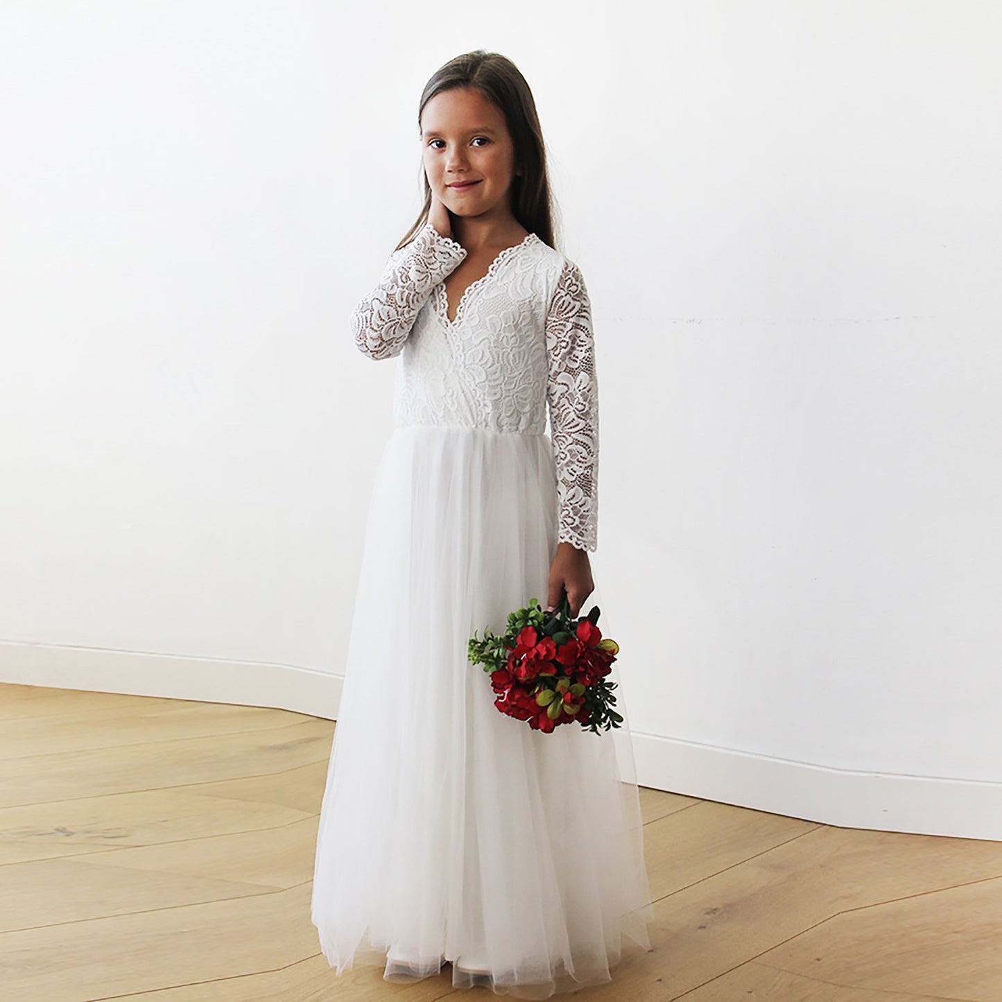 Tulle & Lace Long Sleeves Ivory Flower Girls Gown #5043