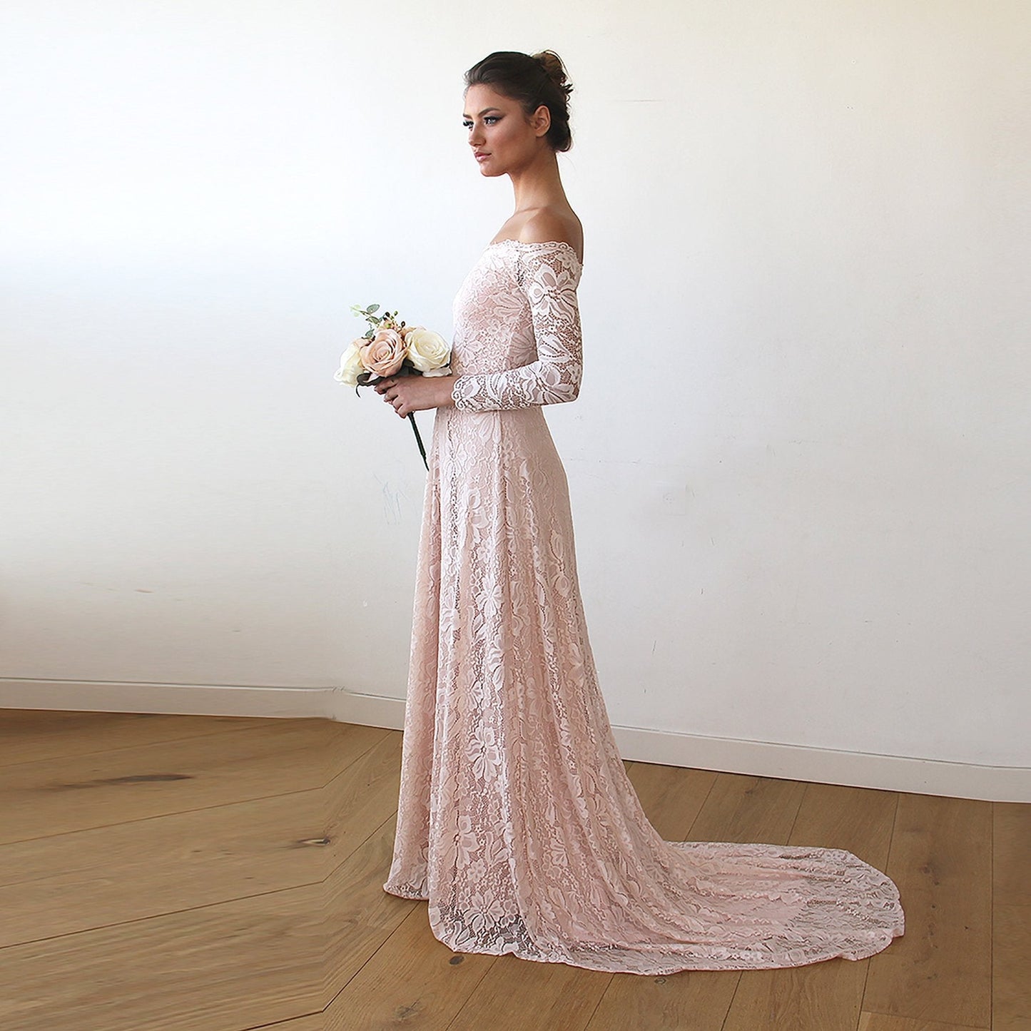 Rosalie Off-Shoulder Pink Lace Gown