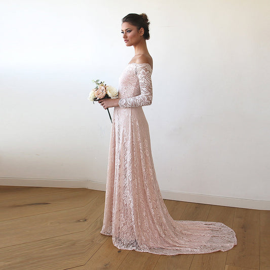 Rosalie Off-Shoulder Pink Lace Gown