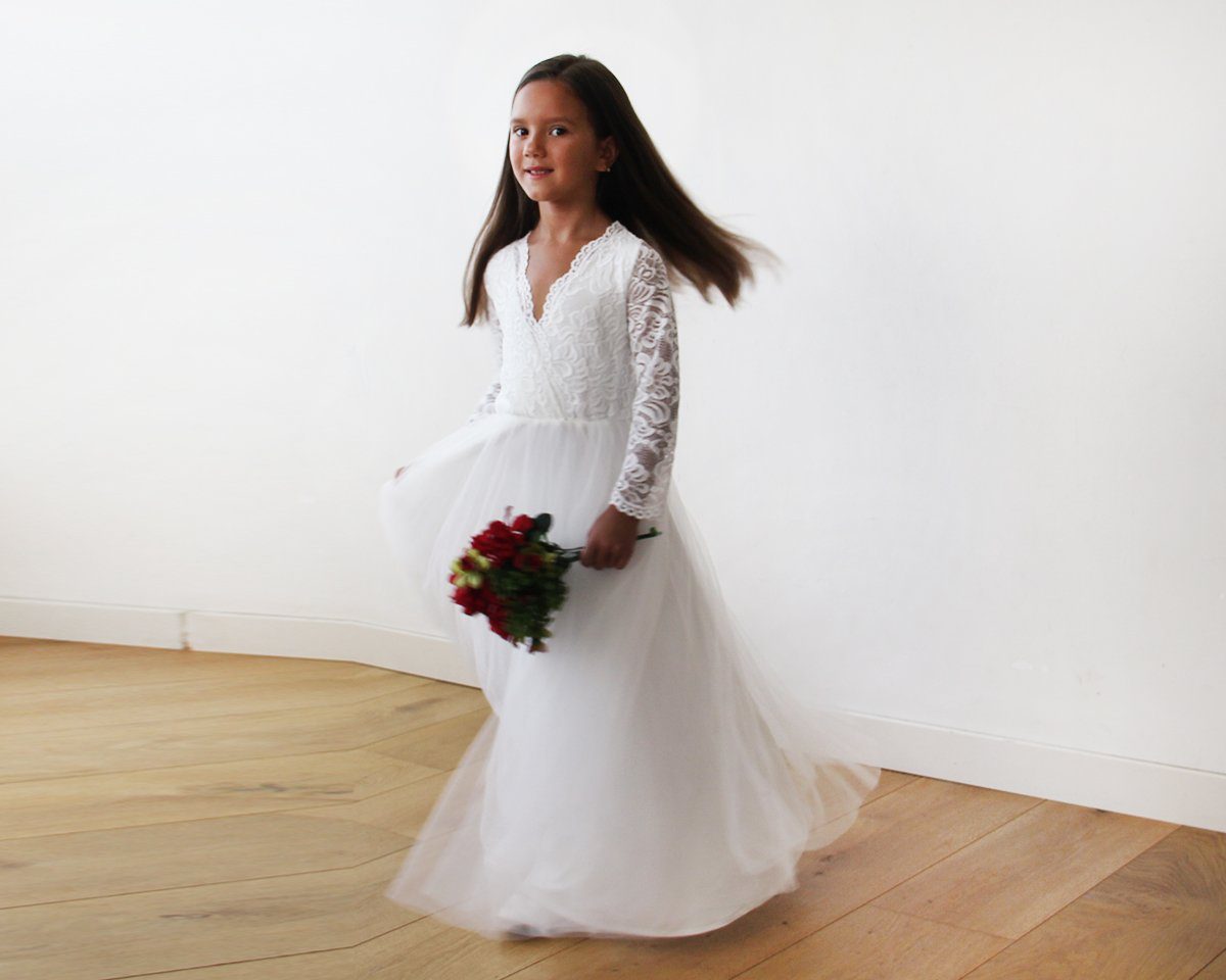 Tulle & Lace Long Sleeves Ivory Flower Girls Gown #5043