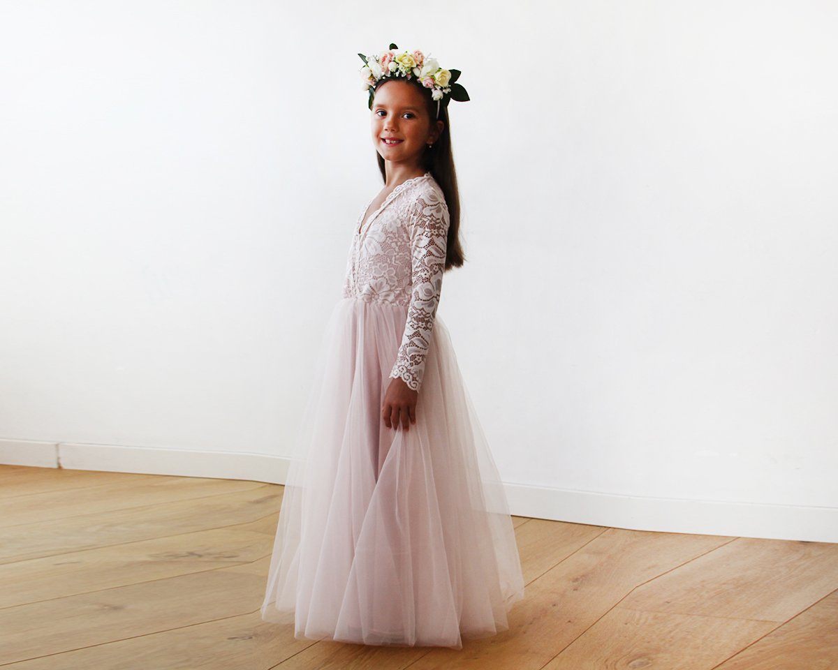 Tulle and Lace Long Sleeves Pink Flower Girls Gown #5043