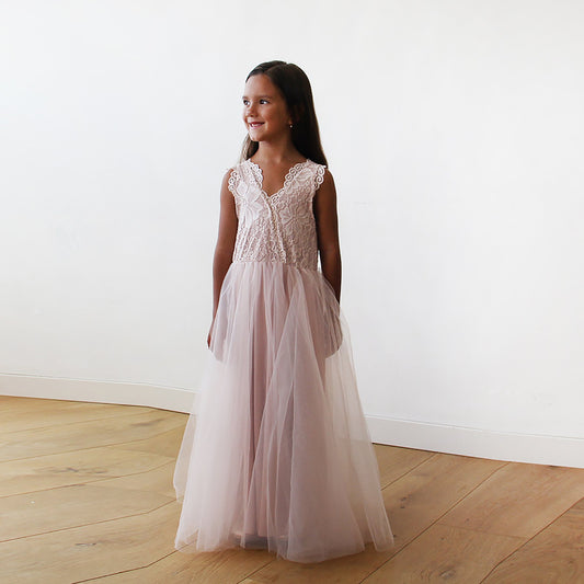 Tulle and Lace Sleeveless Pink Flower Girls Gown #5046