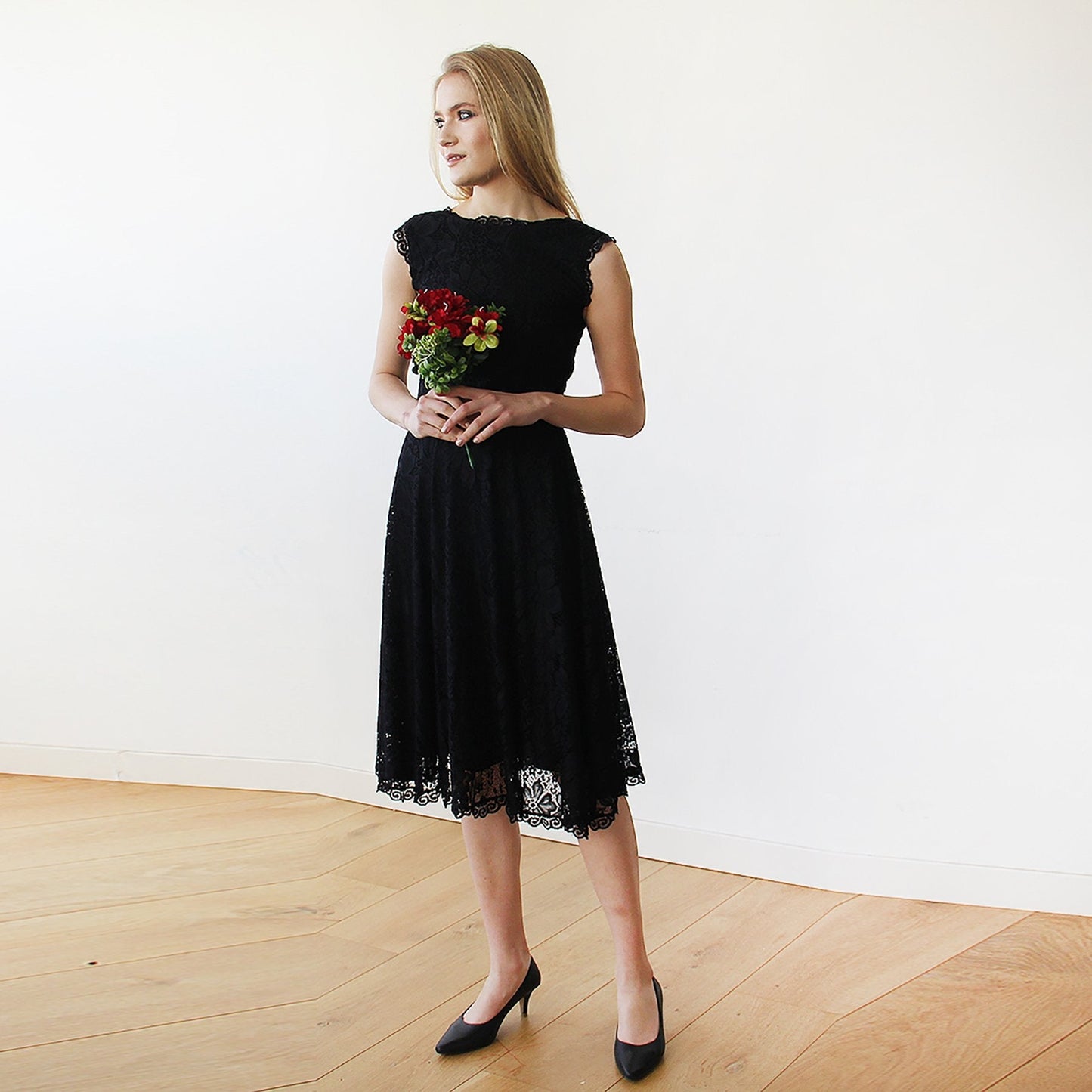 Amélie Midi-Length Black Lace Dress