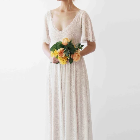 Elysian Butterfly-Sleeve Lace Gown