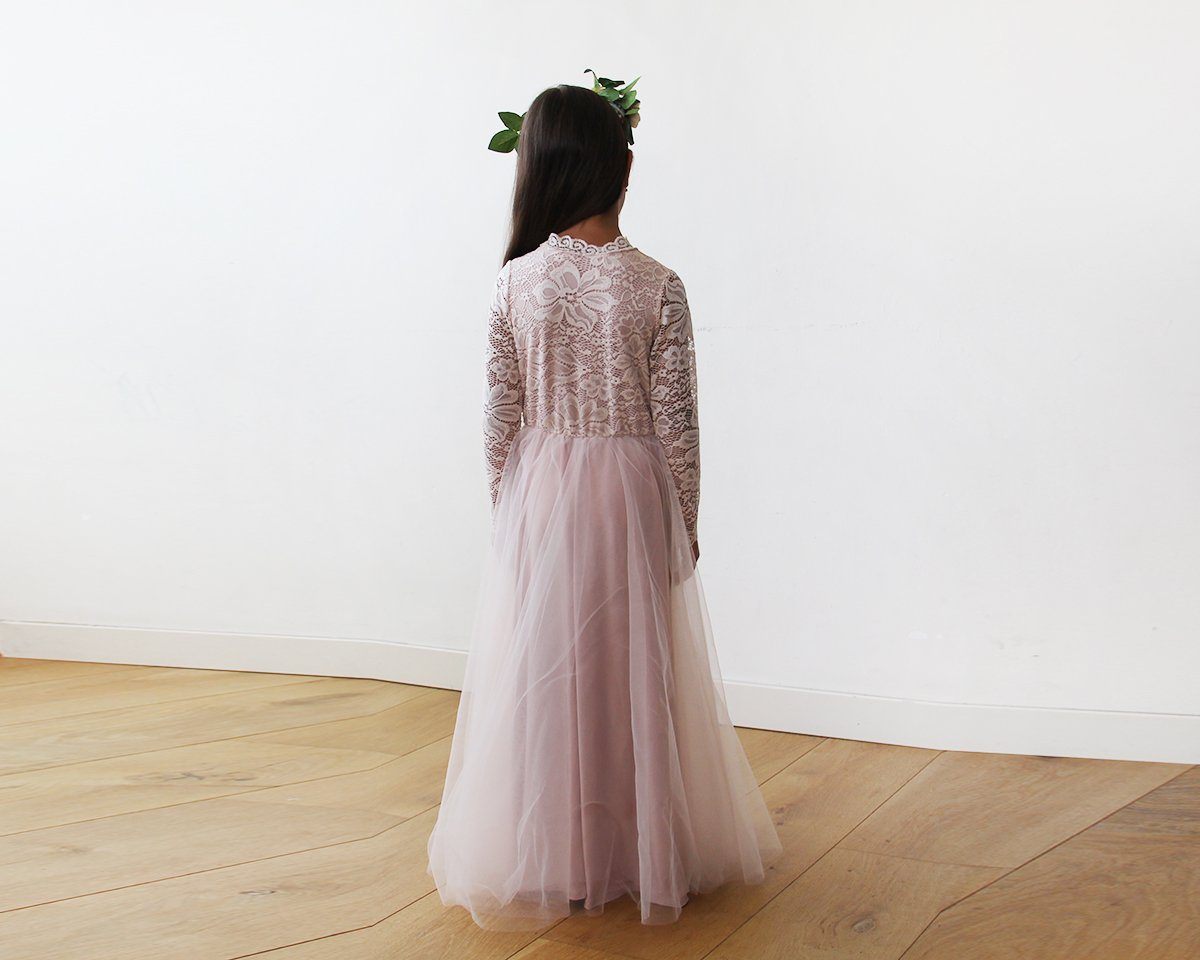 Tulle and Lace Long Sleeves Pink Flower Girls Gown #5043