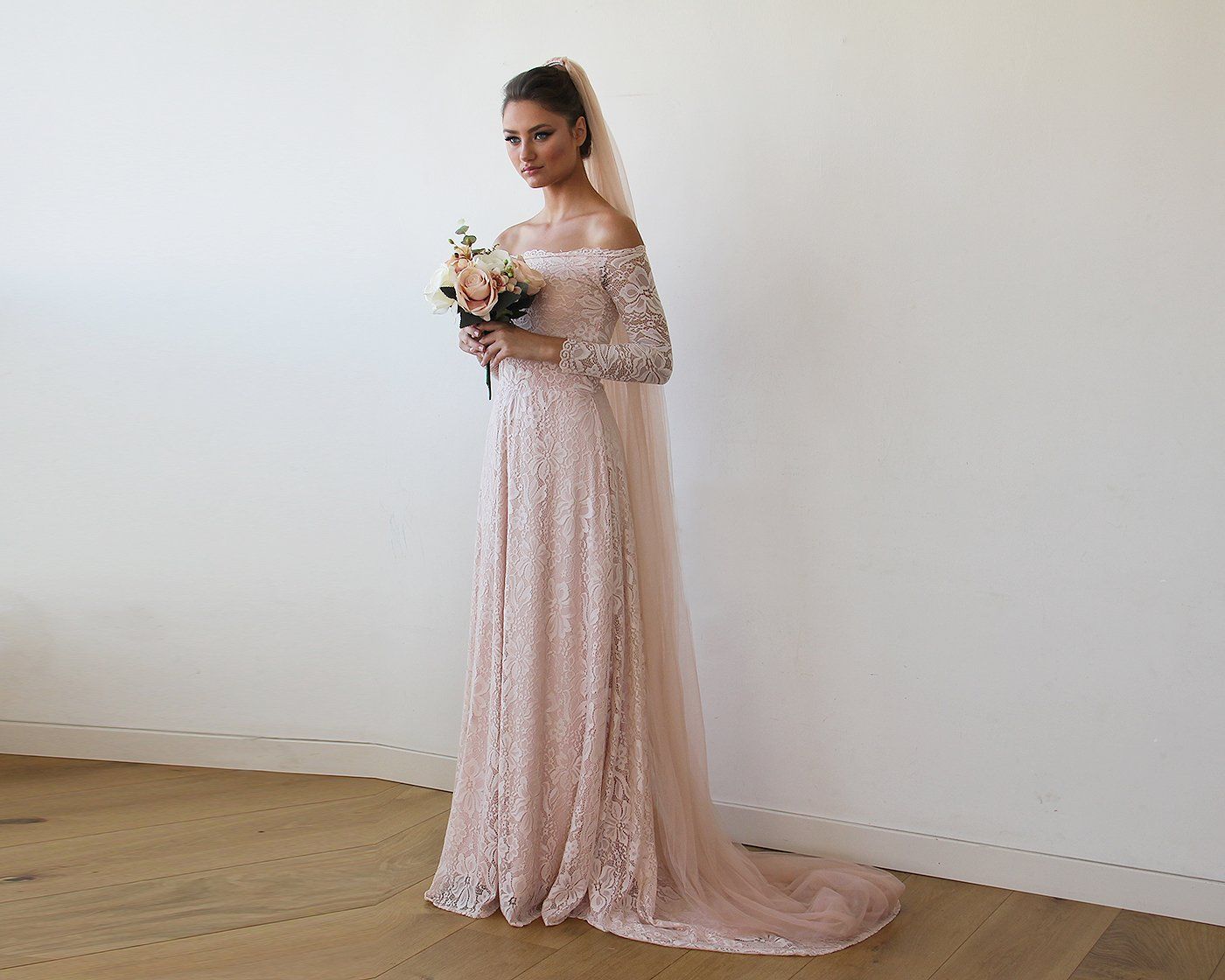 Rosalie Off-Shoulder Pink Lace Gown