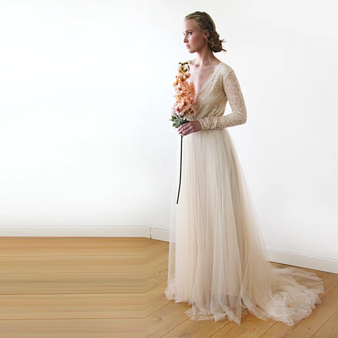 Giovanna Champagne Lace and Tulle Long Sleeve