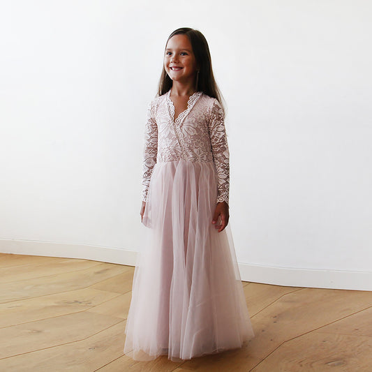 Tulle and Lace Long Sleeves Pink Flower Girls Gown #5043