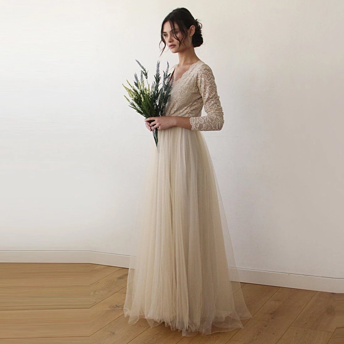 Gisella di Tulle Champagne Lace and Tulle Gown