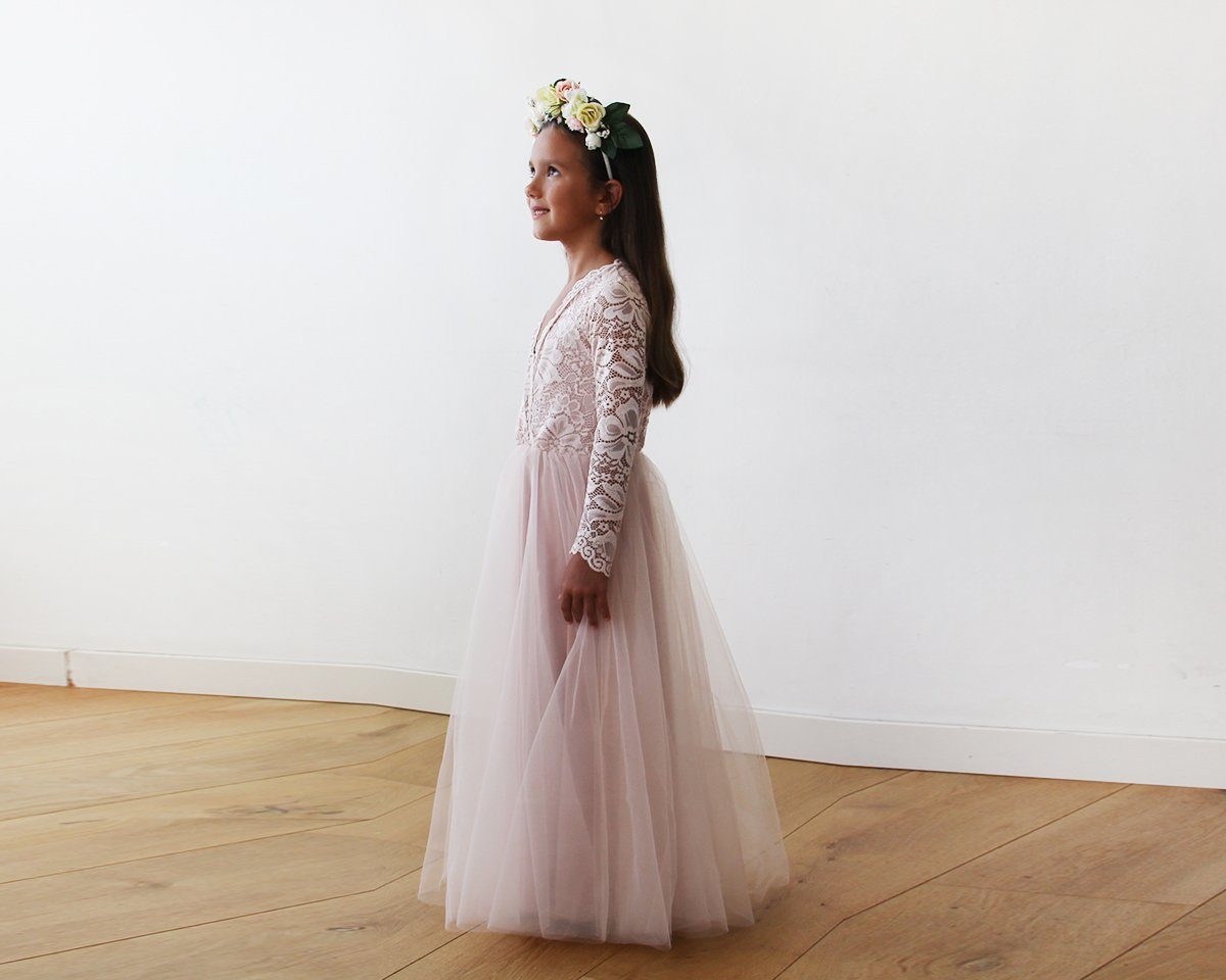 Tulle and Lace Long Sleeves Pink Flower Girls Gown #5043