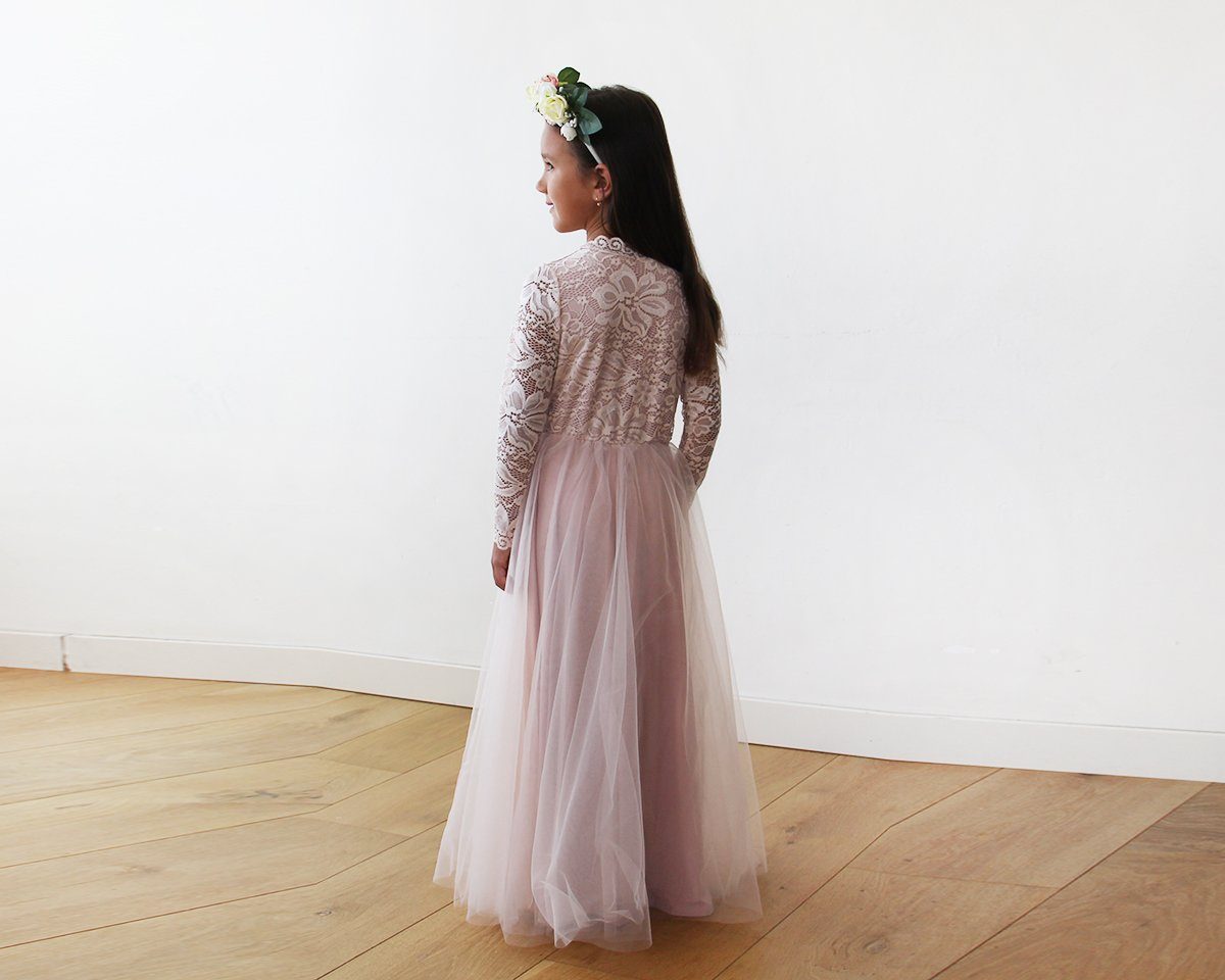 Tulle and Lace Long Sleeves Pink Flower Girls Gown #5043