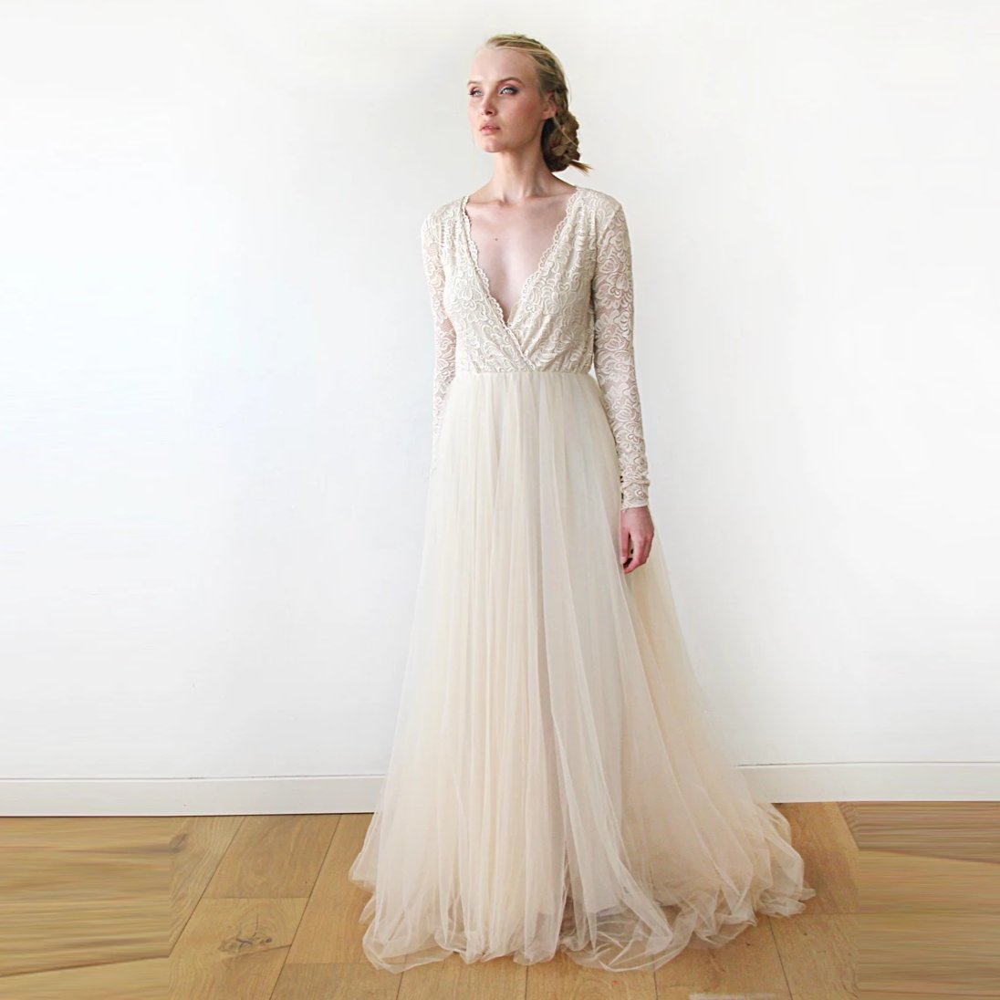 Giovanna Champagne Lace and Tulle Long Sleeve