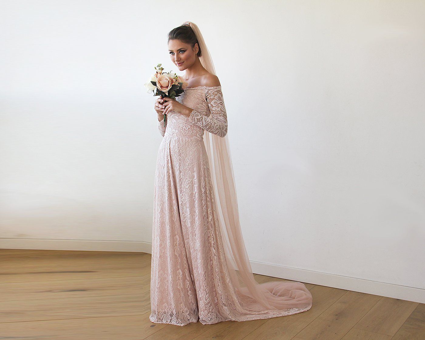 Rosalie Off-Shoulder Pink Lace Gown